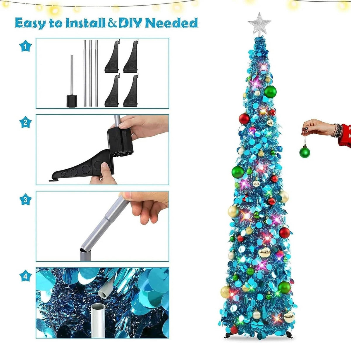 6ft blue LED pop-up Christmas tree with star topper and hanging ball ornaments
