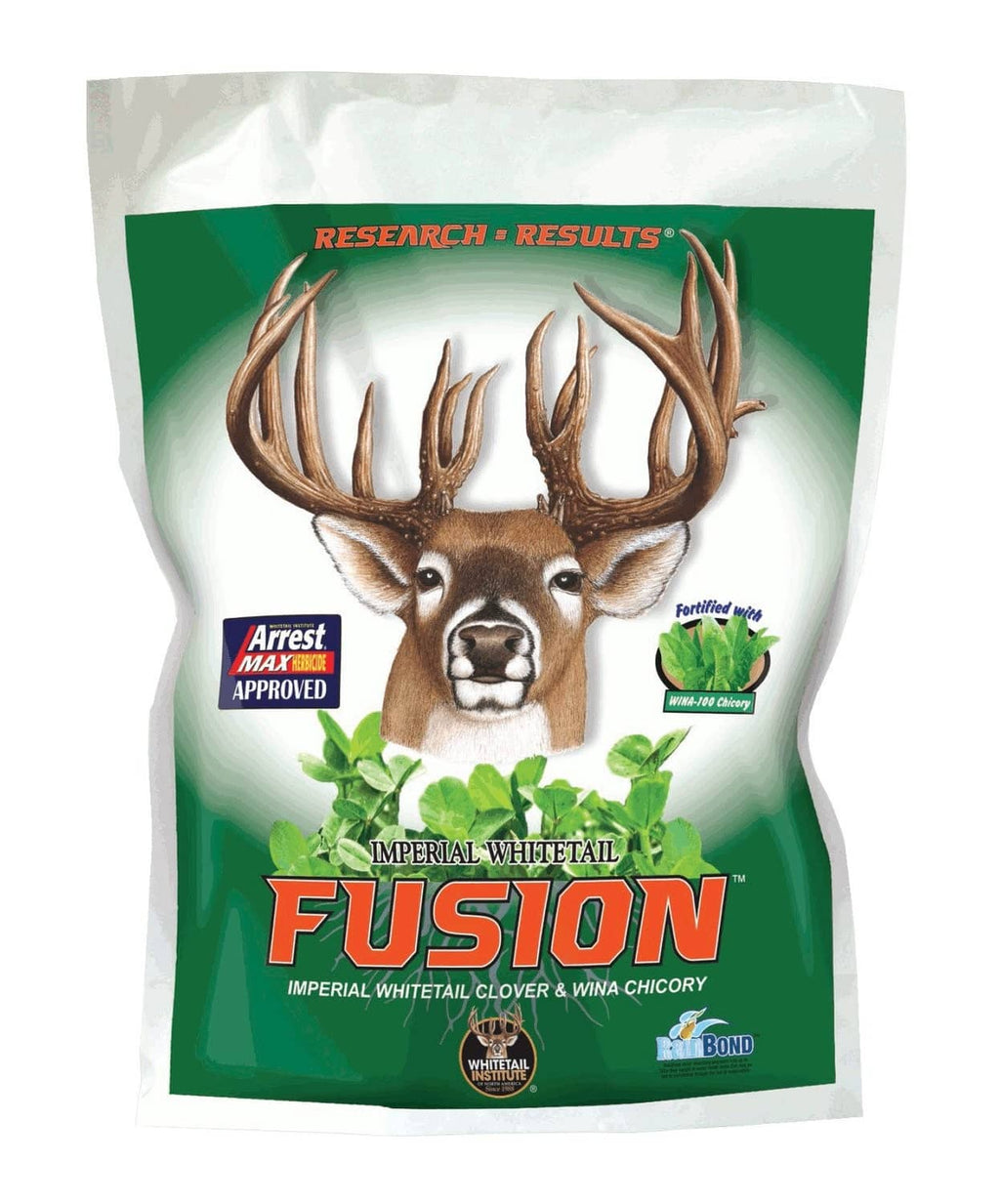 Seed blend bag with green label, deer antlers graphic, and brand seal