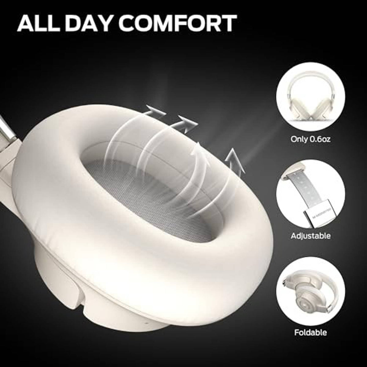 White over-ear headphones with padded cushions, adjustable and foldable design