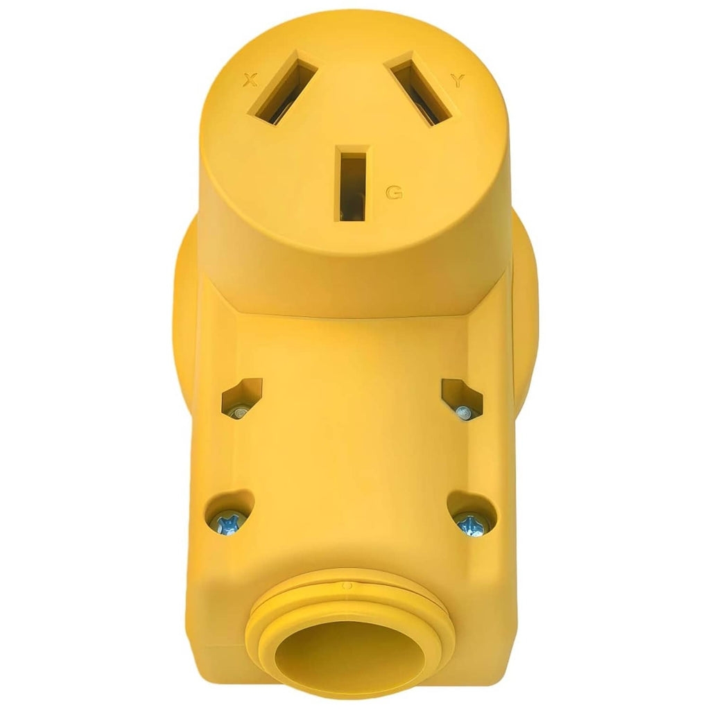 Industrial yellow NEMA 10-50R female receptacle with 3-pole contact openings and grounding