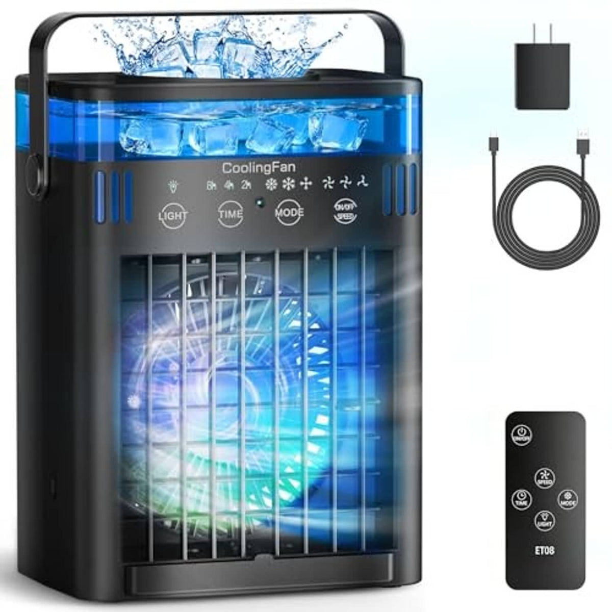 Black portable air conditioner with blue LED window, side vents, and included remote control