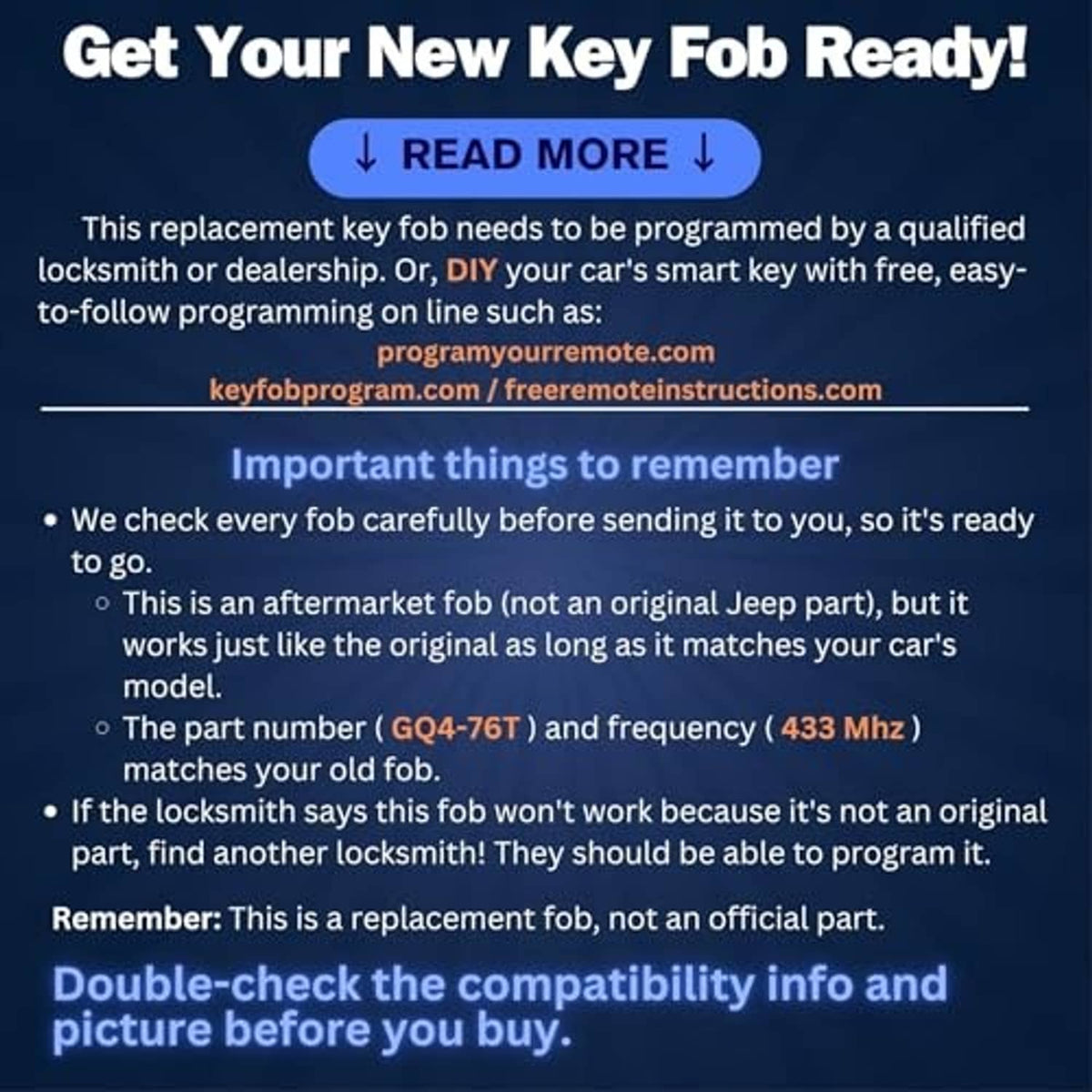 Key fob programming instructions screen with a Read more callout
