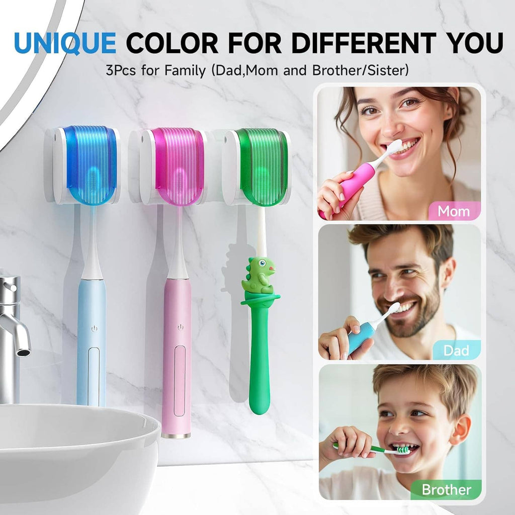 Three colorful wall toothbrush holders with toothbrush handles, family use layout