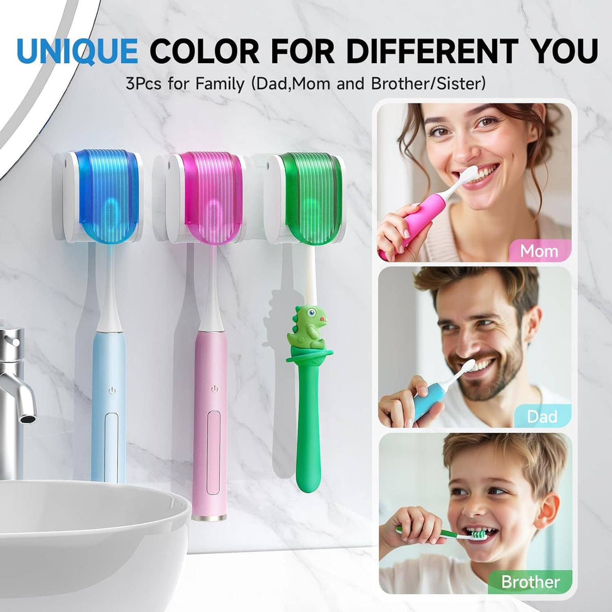 Three colorful wall toothbrush holders with toothbrush handles, family use layout