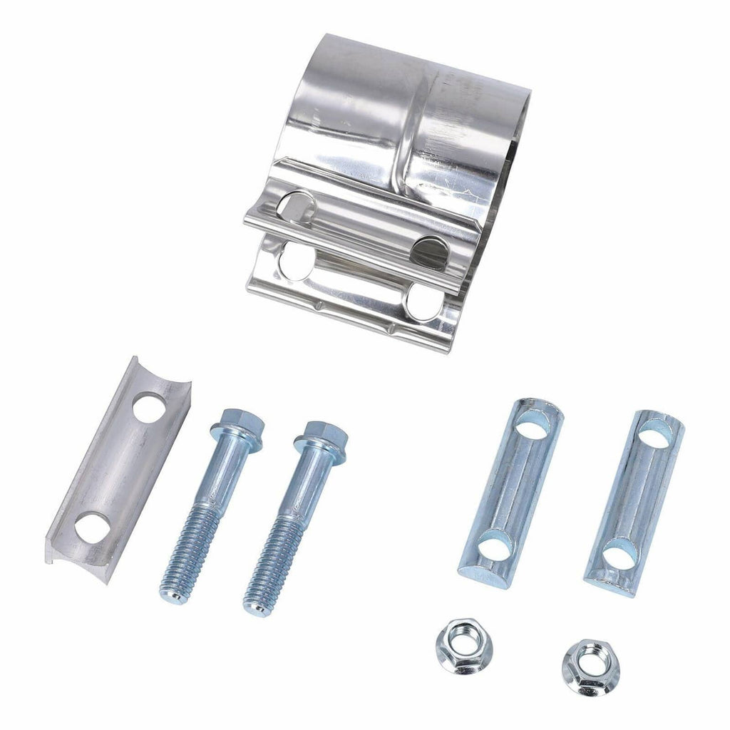 Stainless steel exhaust band clamp with included bolts, nuts, and mounting brackets