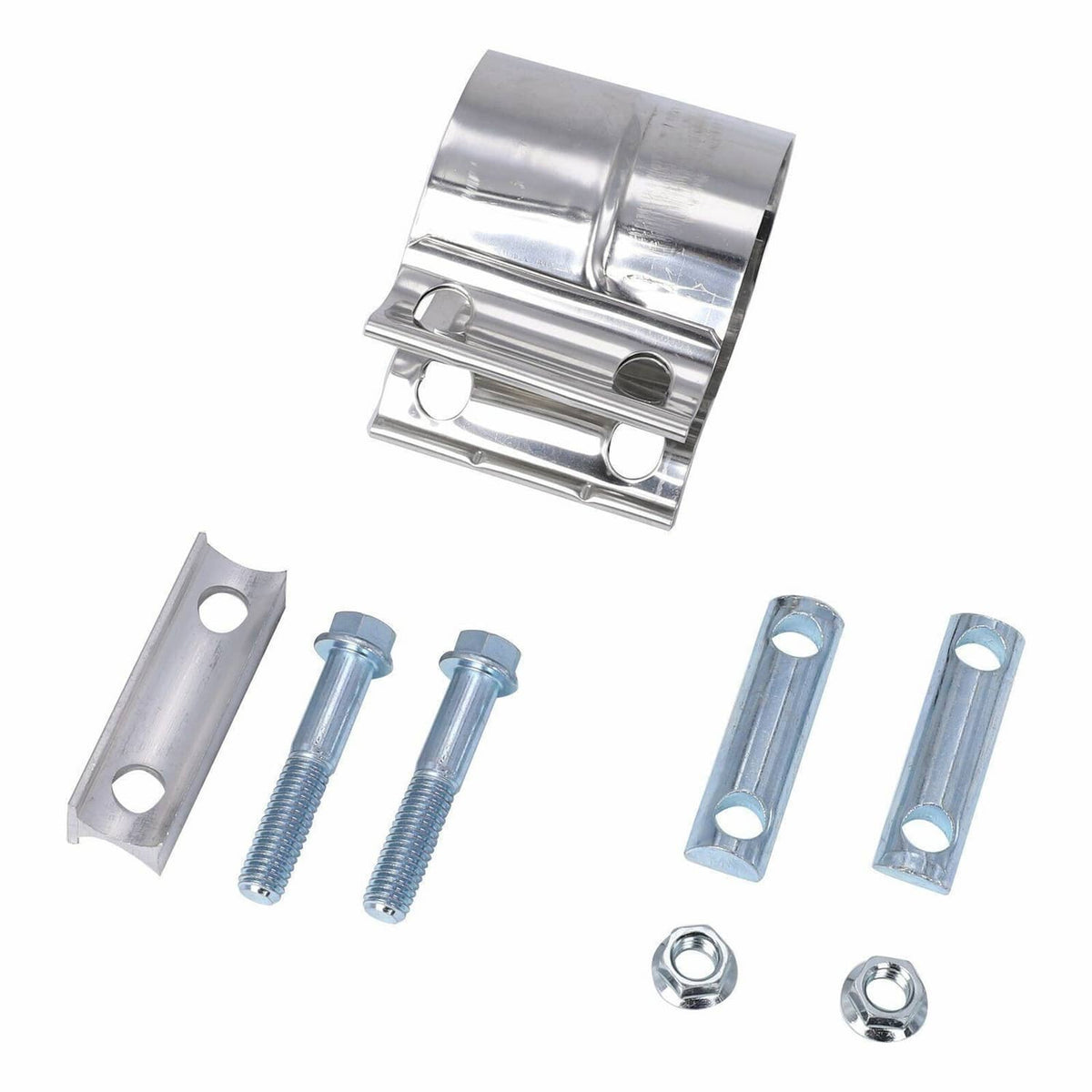 Stainless steel exhaust band clamp with included bolts, nuts, and mounting brackets