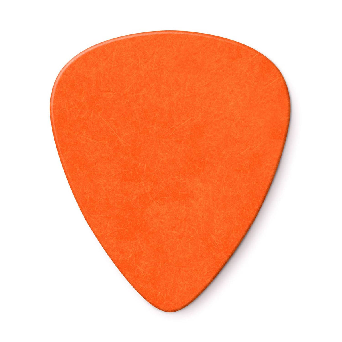 Orange Dunlop Tortex guitar pick, plain back side, rounded triangular shape.