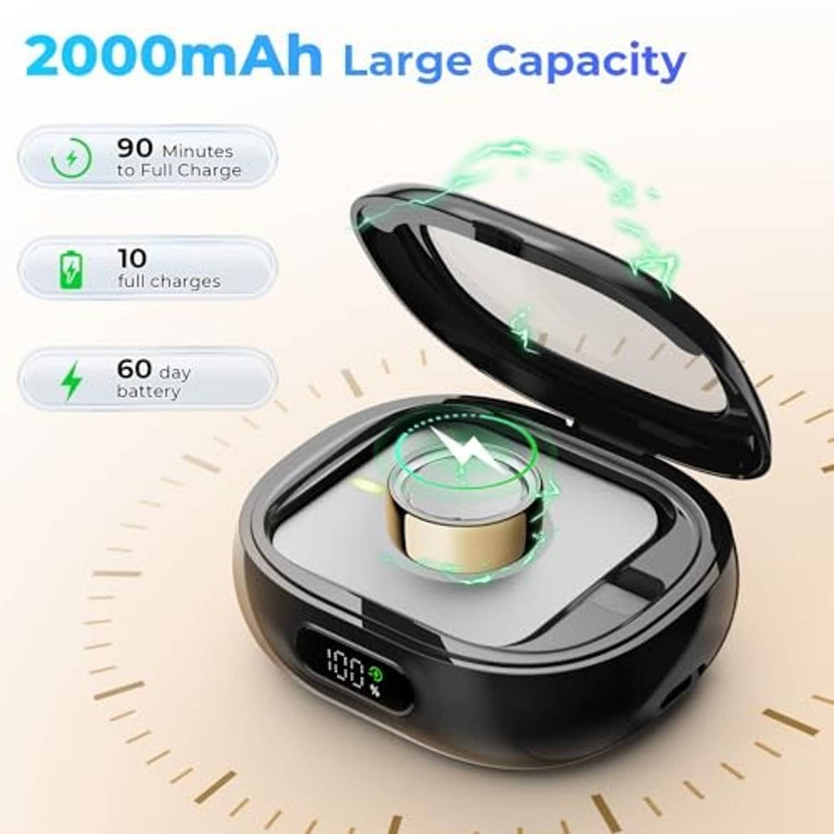 Black wireless charging case with ring in cradle and LED power percent display