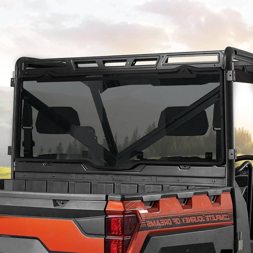 Tinted UTV rear windshield with black frame and side mounting hardware
