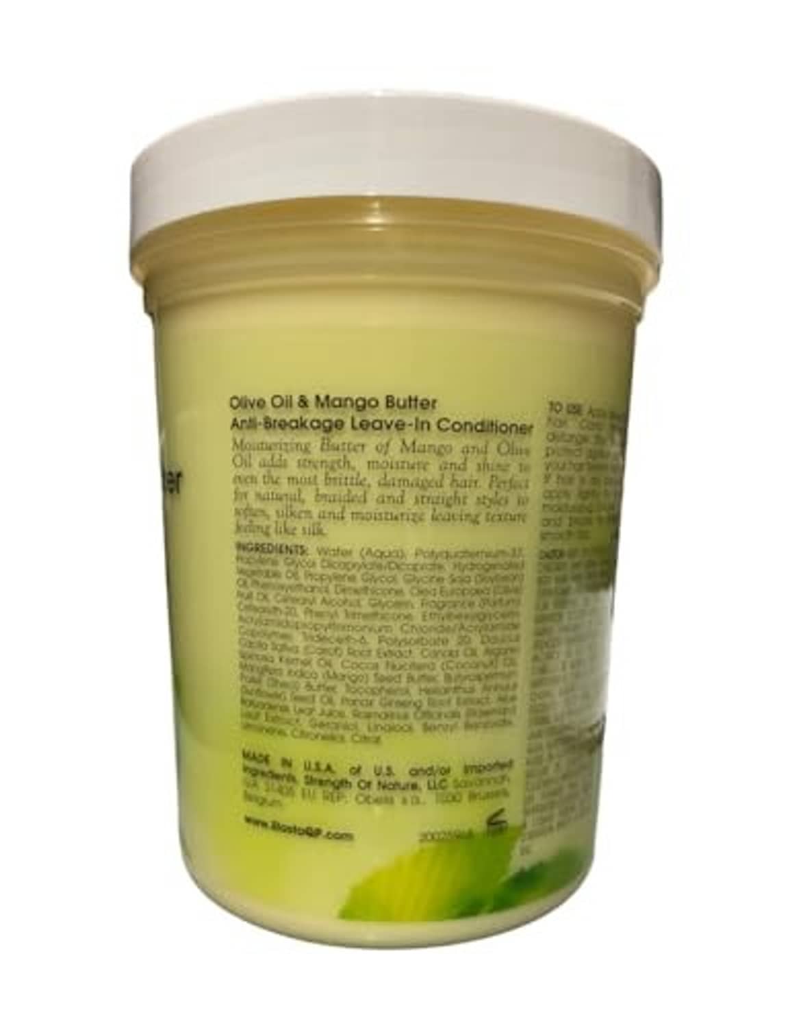 Leave-in conditioner tub back label with Olive Oil & Mango Butter text, 32 oz