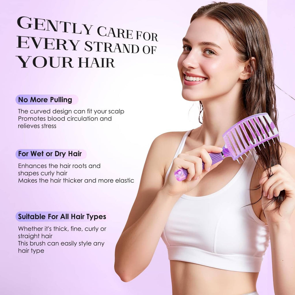 Purple hair detangler brush with curved vent design and soft rounded bristle head