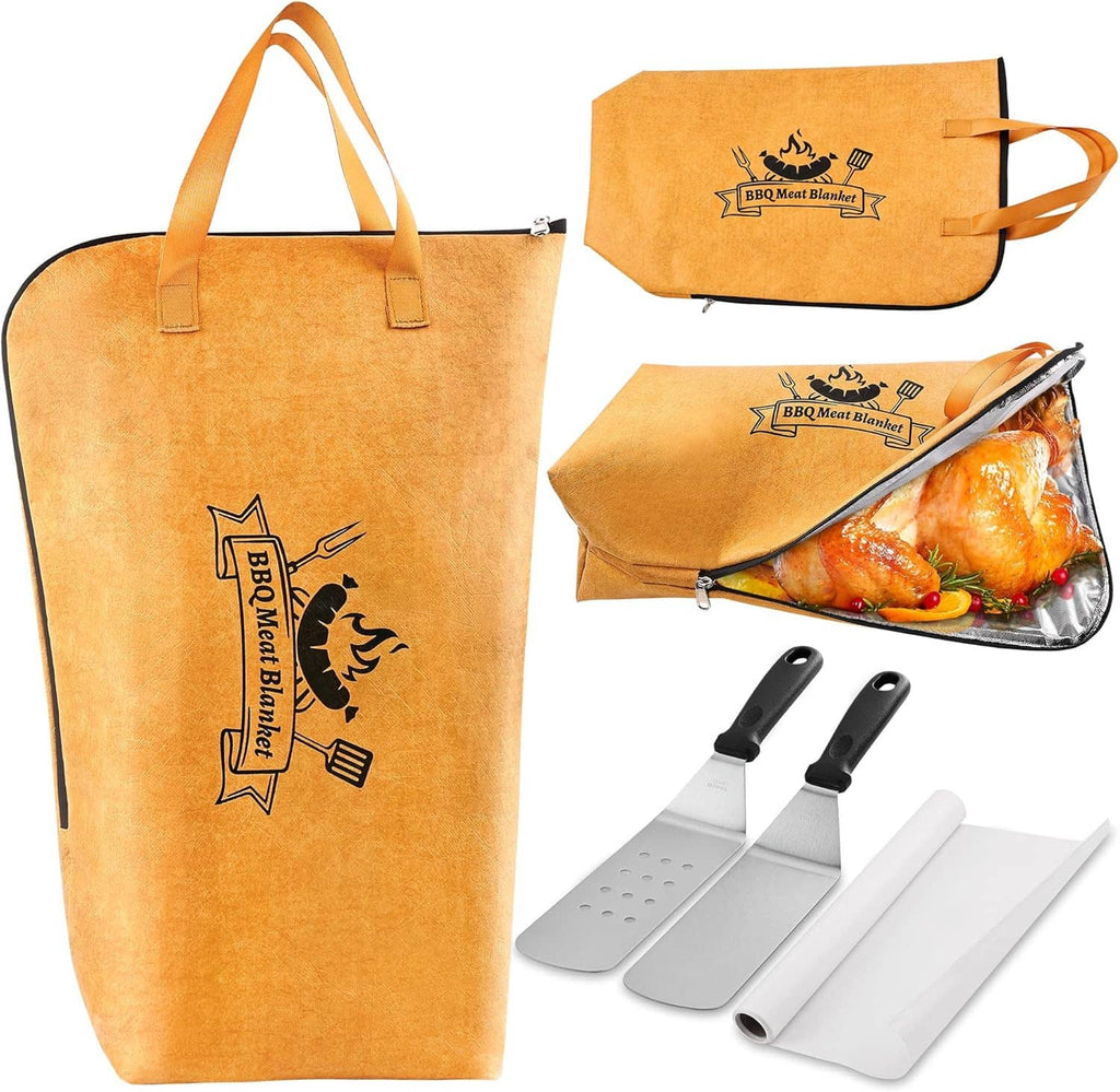 4-piece BBQ meat resting blanket set with carry tote, pouch, and stainless tools