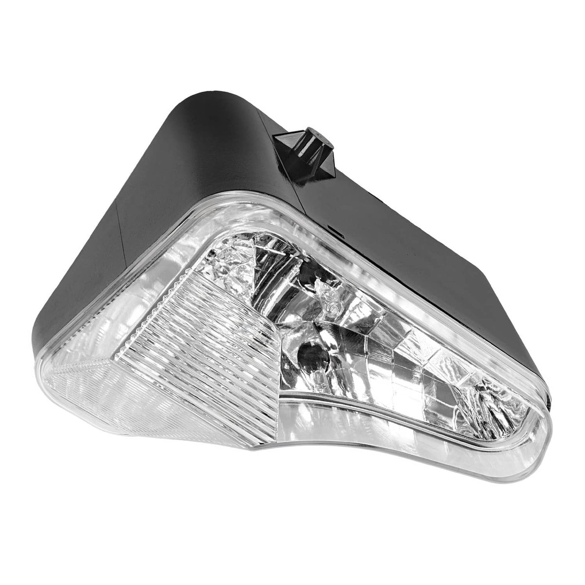 Right headlight lamp with clear lens and black housing, angled view