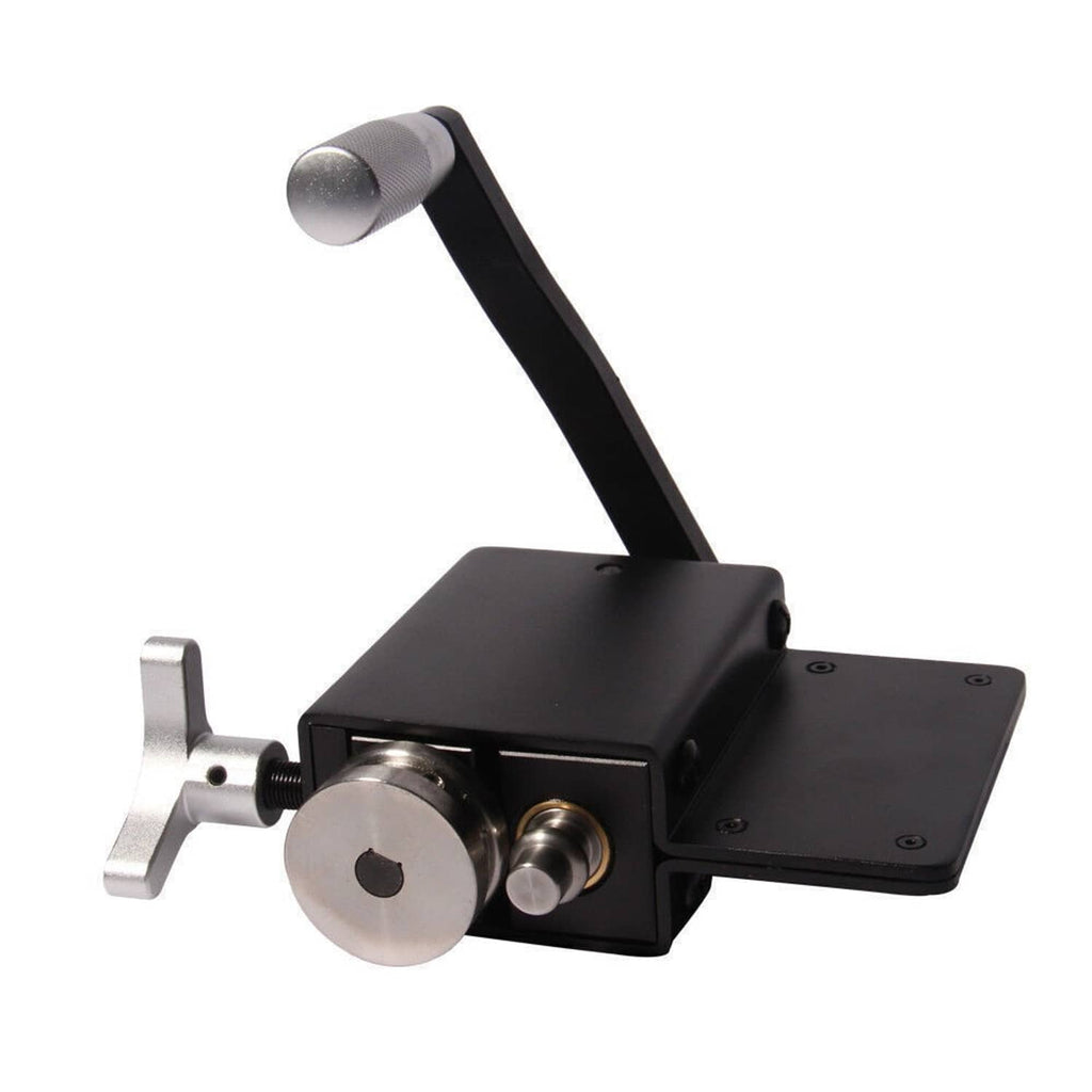 Tube pipe beader tool with black housing, lever arm, and round roller wheel