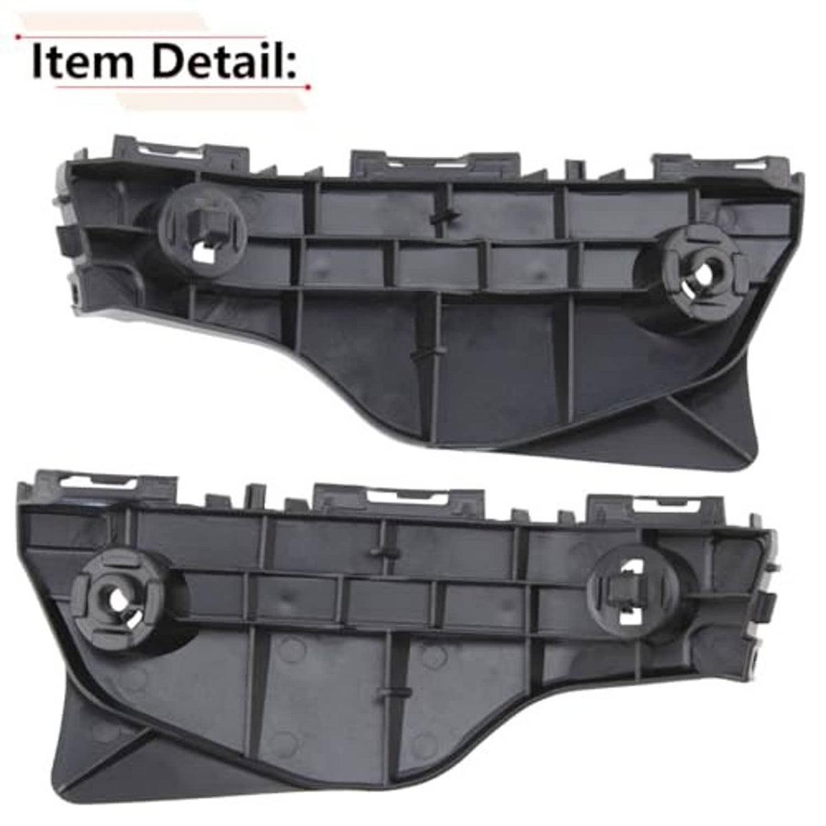Black plastic bumper bracket with molded ribs, snap tabs, and round mounting hole