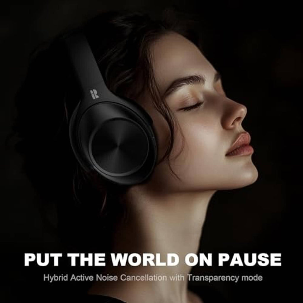 Matte black over-ear headphones with cushioned earcups and headband in close profile