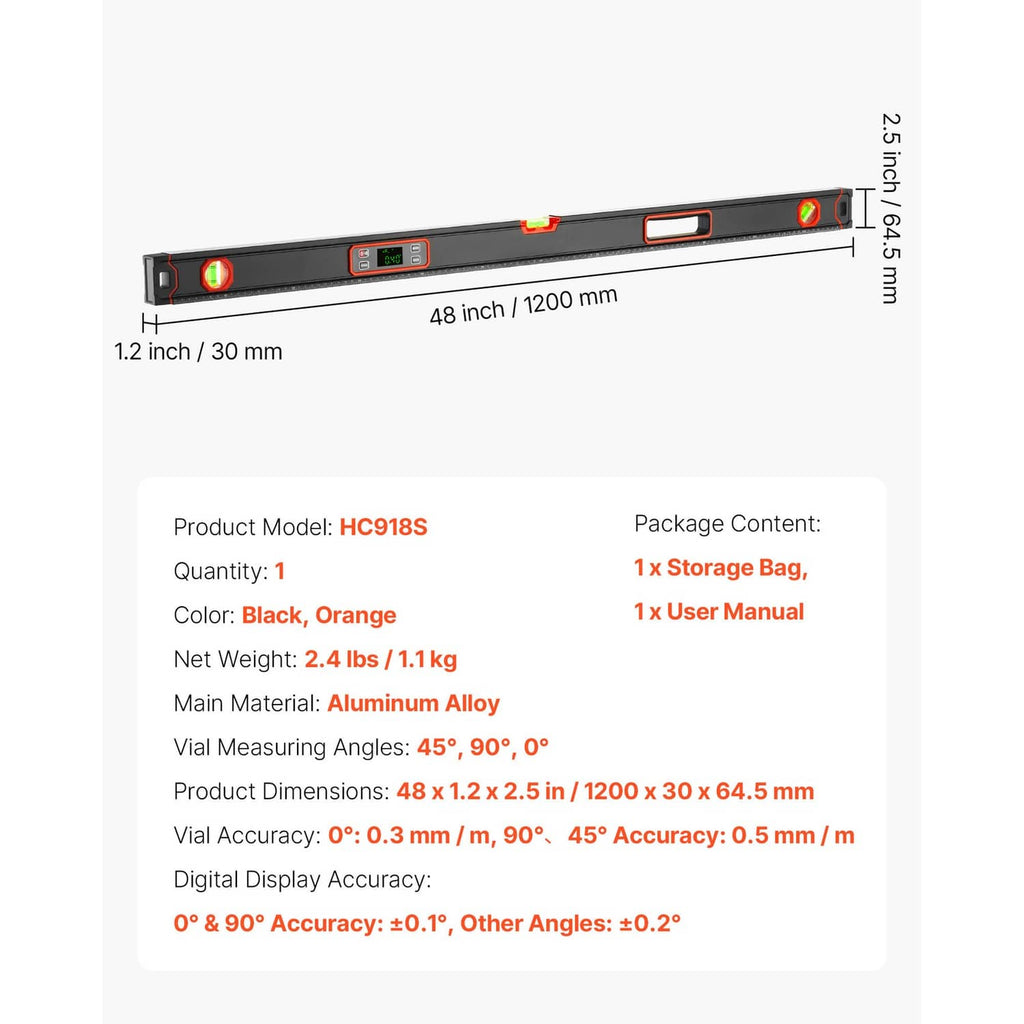 48-inch digital level tool shown with size details and LED display window