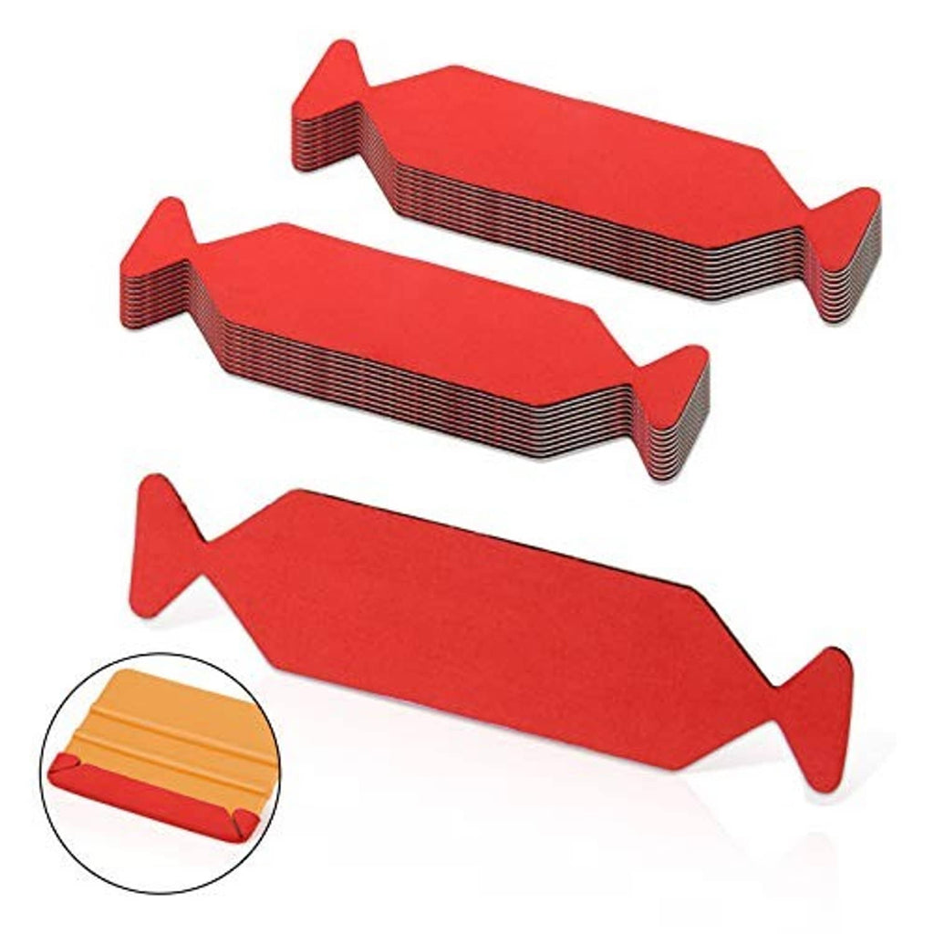 Red felt buffer tape strips with arrow ends, close-up texture detail shown