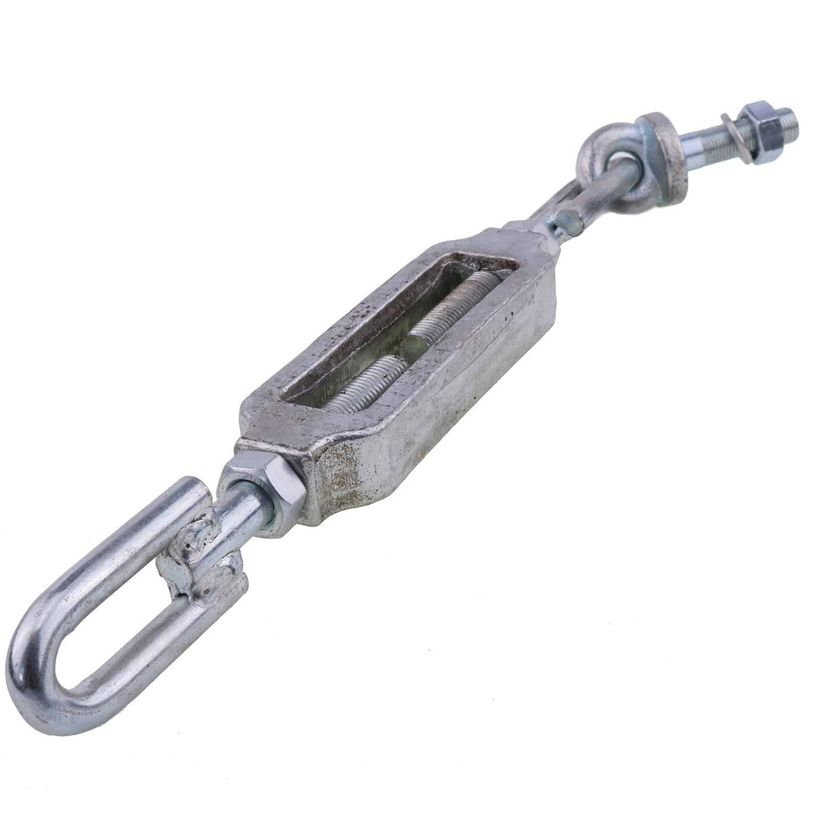 Adjustable turnbuckle stabilizer with U-loop end and two threaded sections, zinc-gray metal