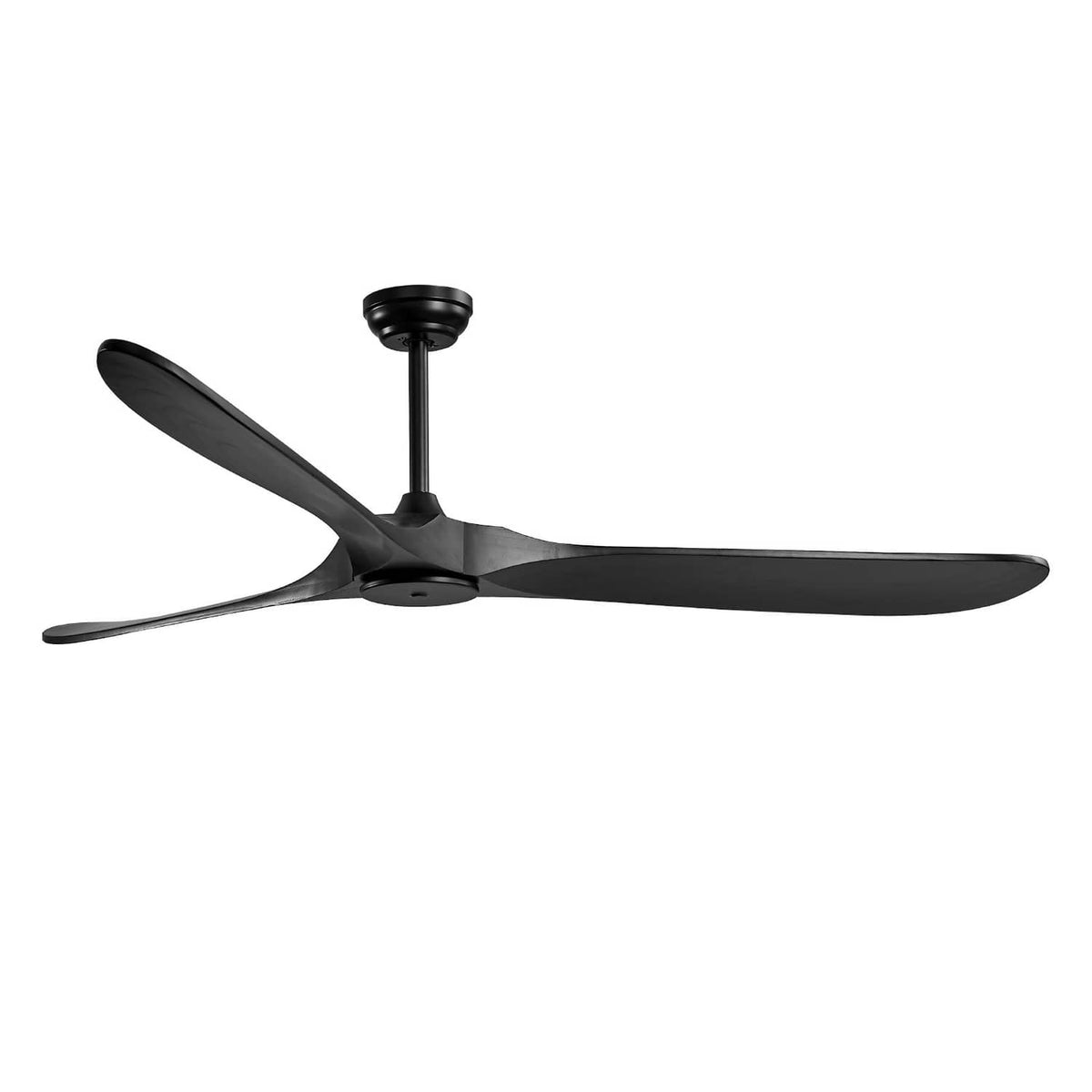 Black 3-blade ceiling fan with long, wide blades and central mounting hub