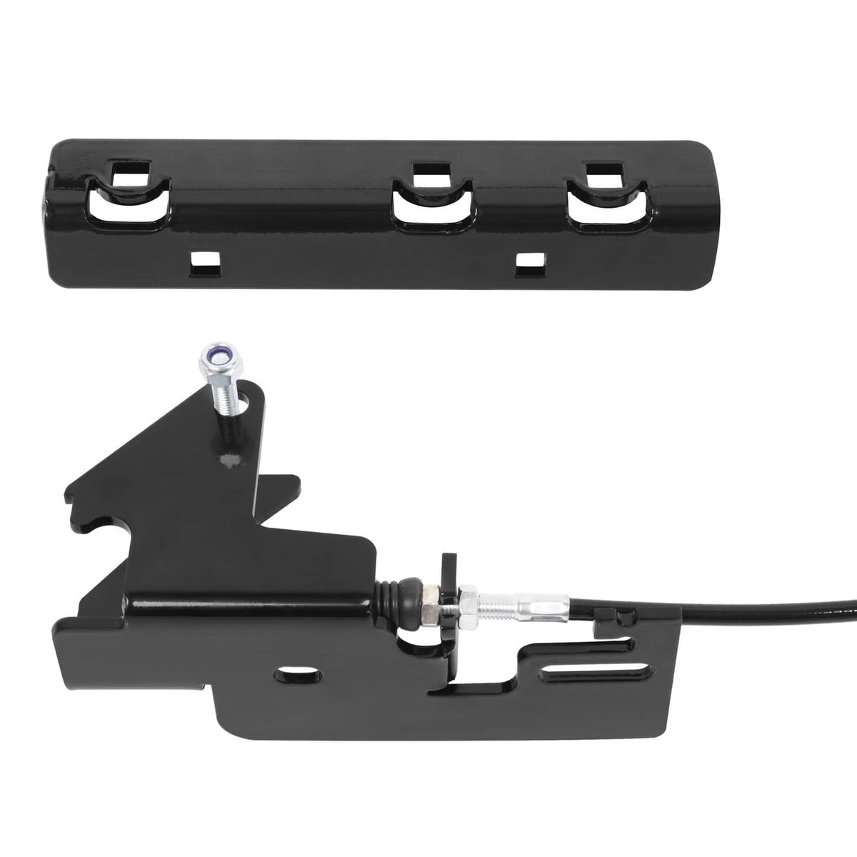 Chute blocker latch assembly shown with black mounting base and cable attachment