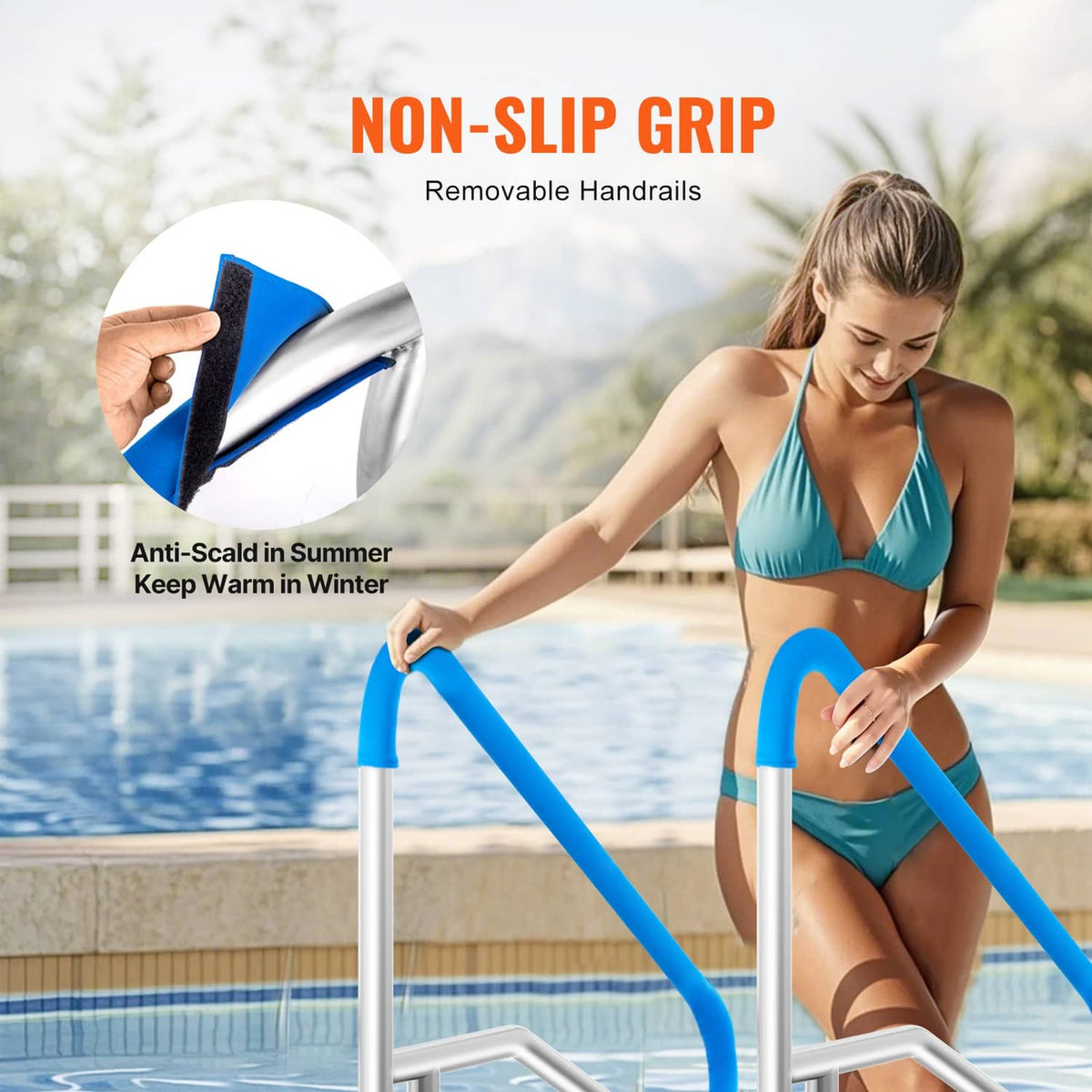 Swimming pool handrail with blue non-slip grip sleeves on stainless steel posts