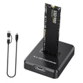 Black M.2 NVMe SSD enclosure with inserted card and USB cable