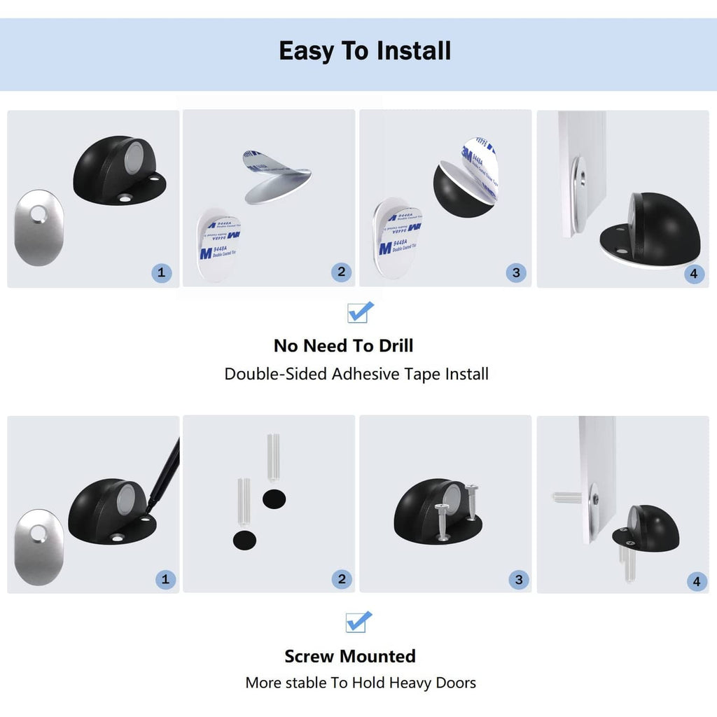 Magnetic door stopper kit with adhesive tape and screw-mount parts for easy install