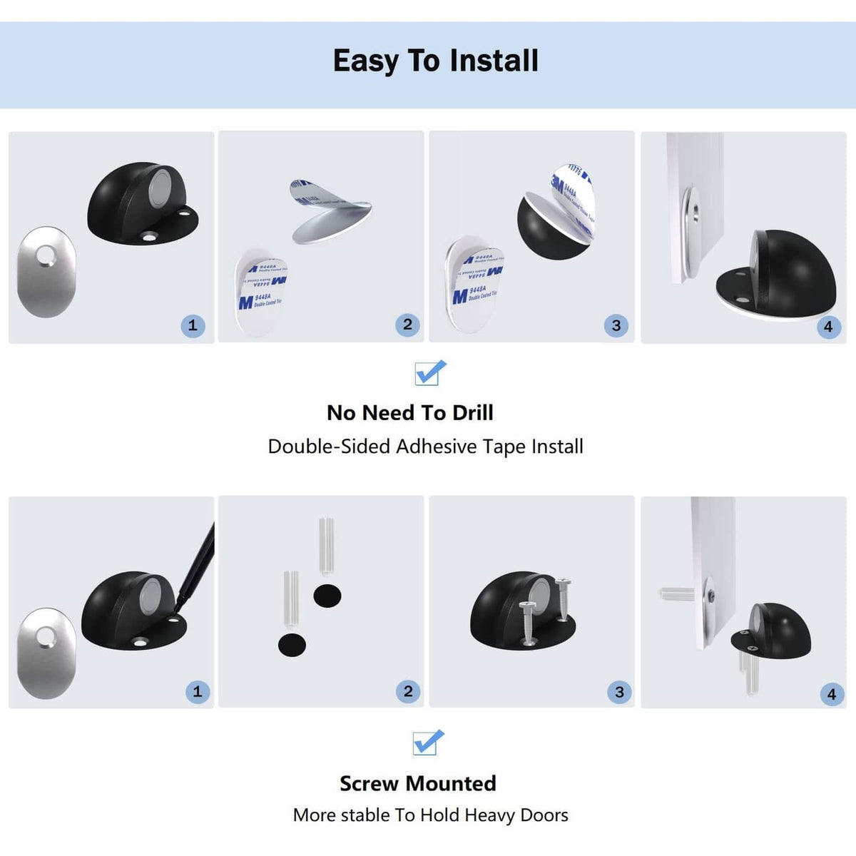 Magnetic door stopper kit with adhesive tape and screw-mount parts for easy install