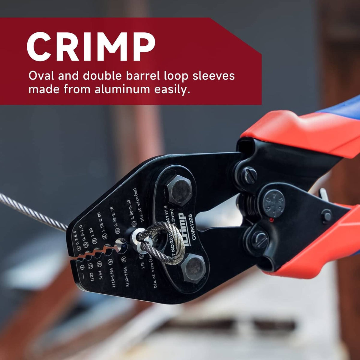Wire rope crimping tool with die jaws and marked settings, orange hand tool grips.