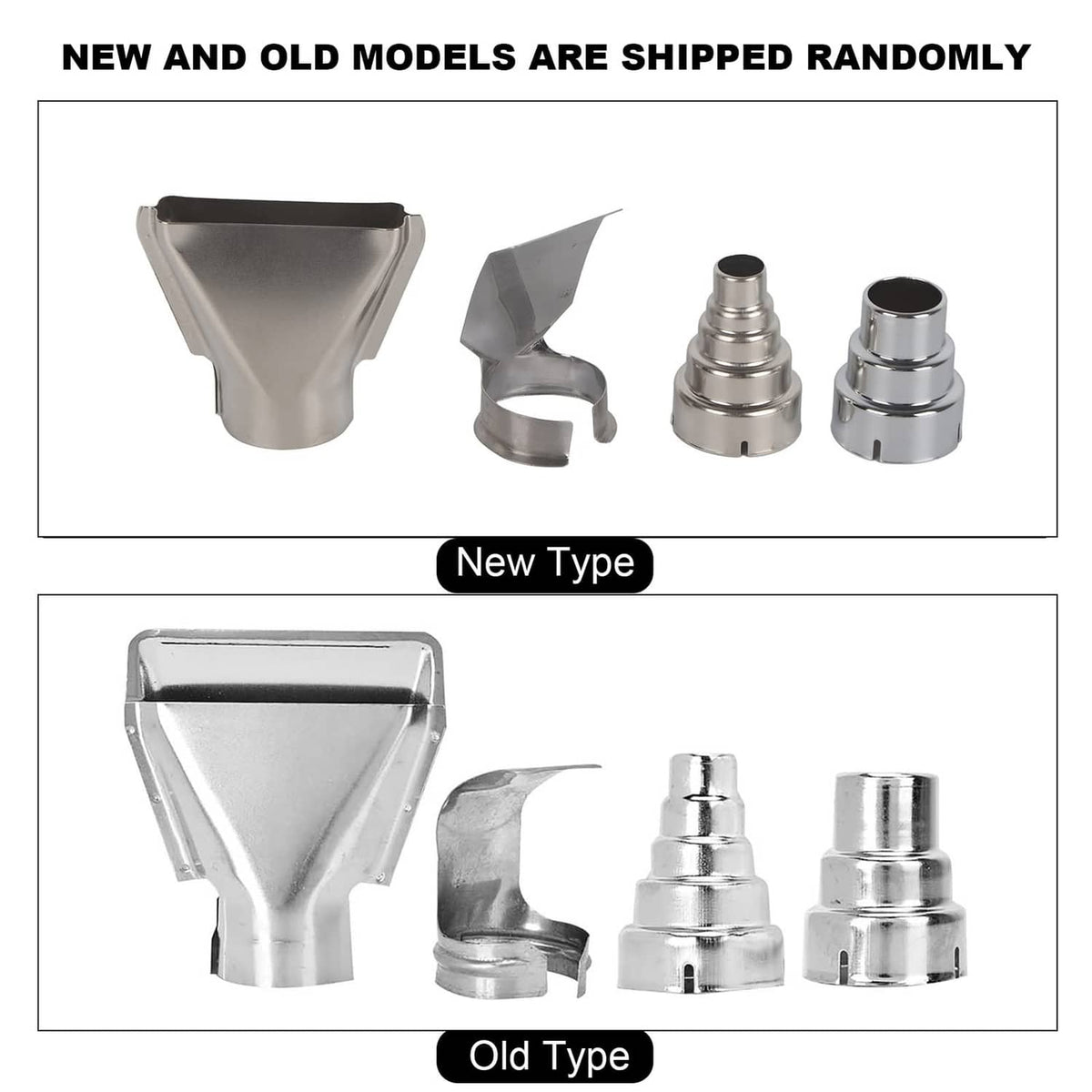 Heat gun nozzle attachments comparison: new and old type funnel, curved nozzle, and adapters