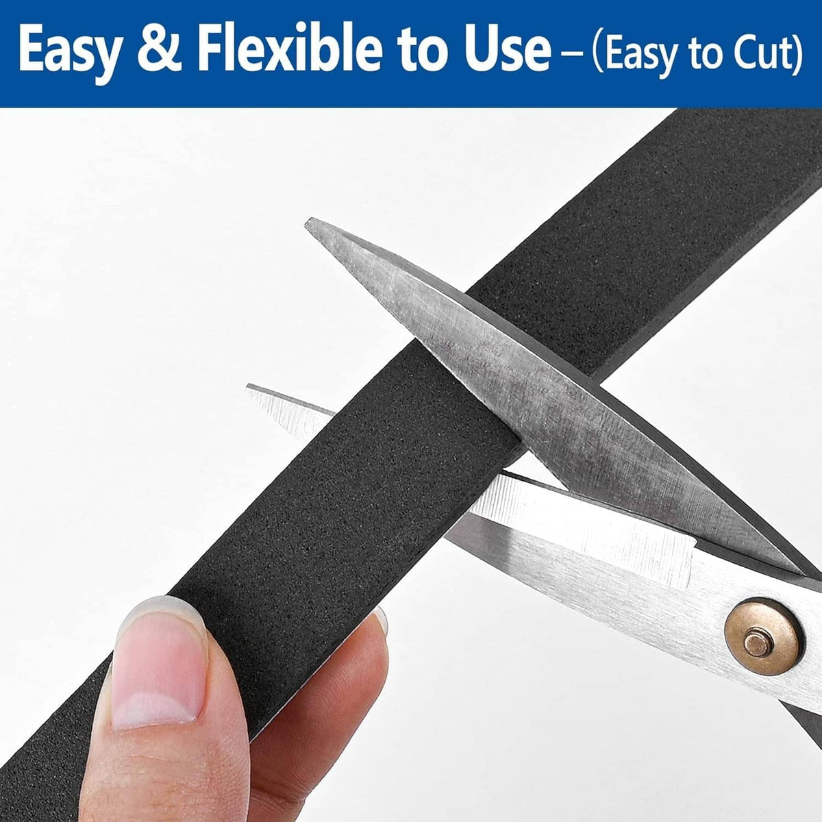 Black self-adhesive foam weatherstrip tape being cut to size