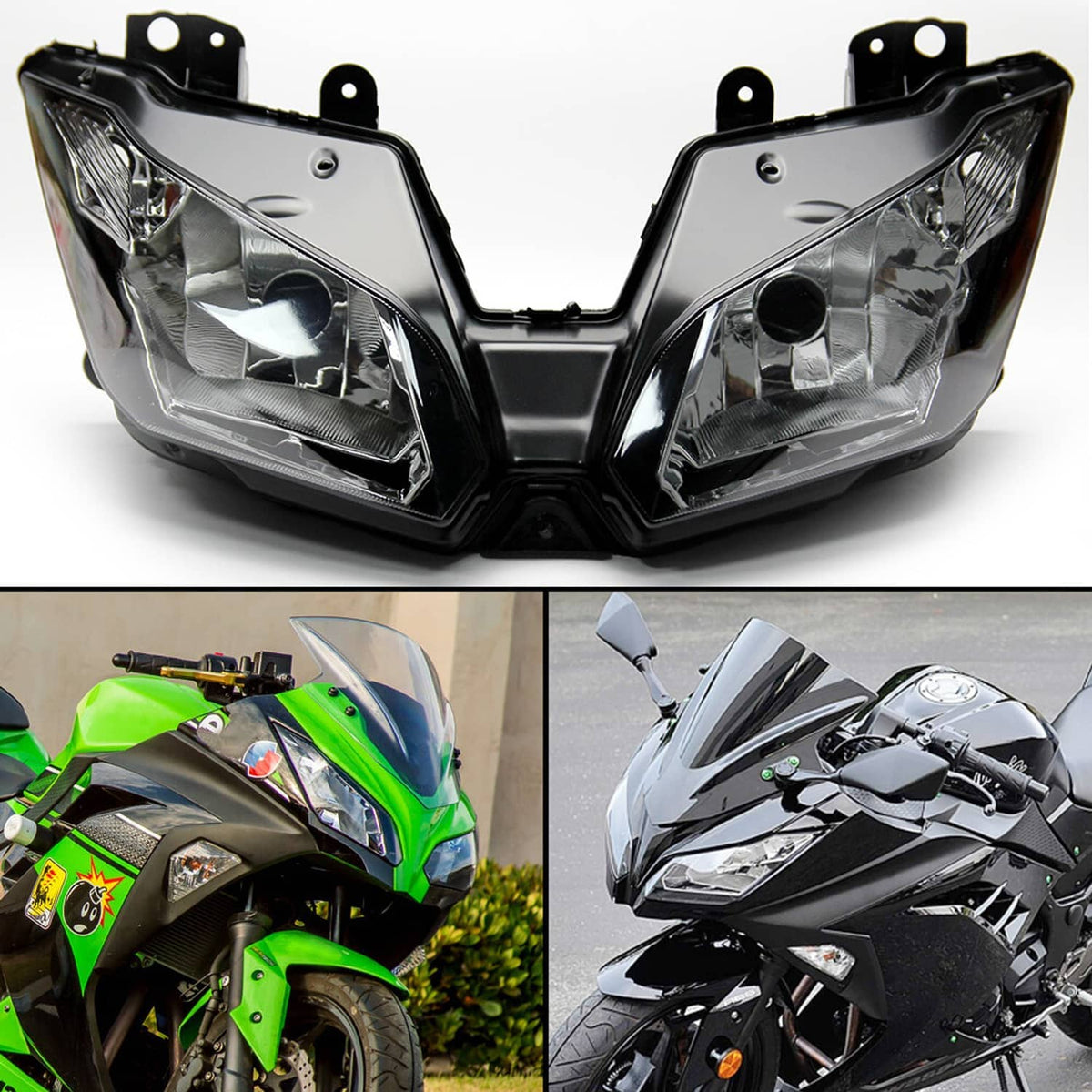 Dual front headlight assembly with clear lenses and black plastic center housing