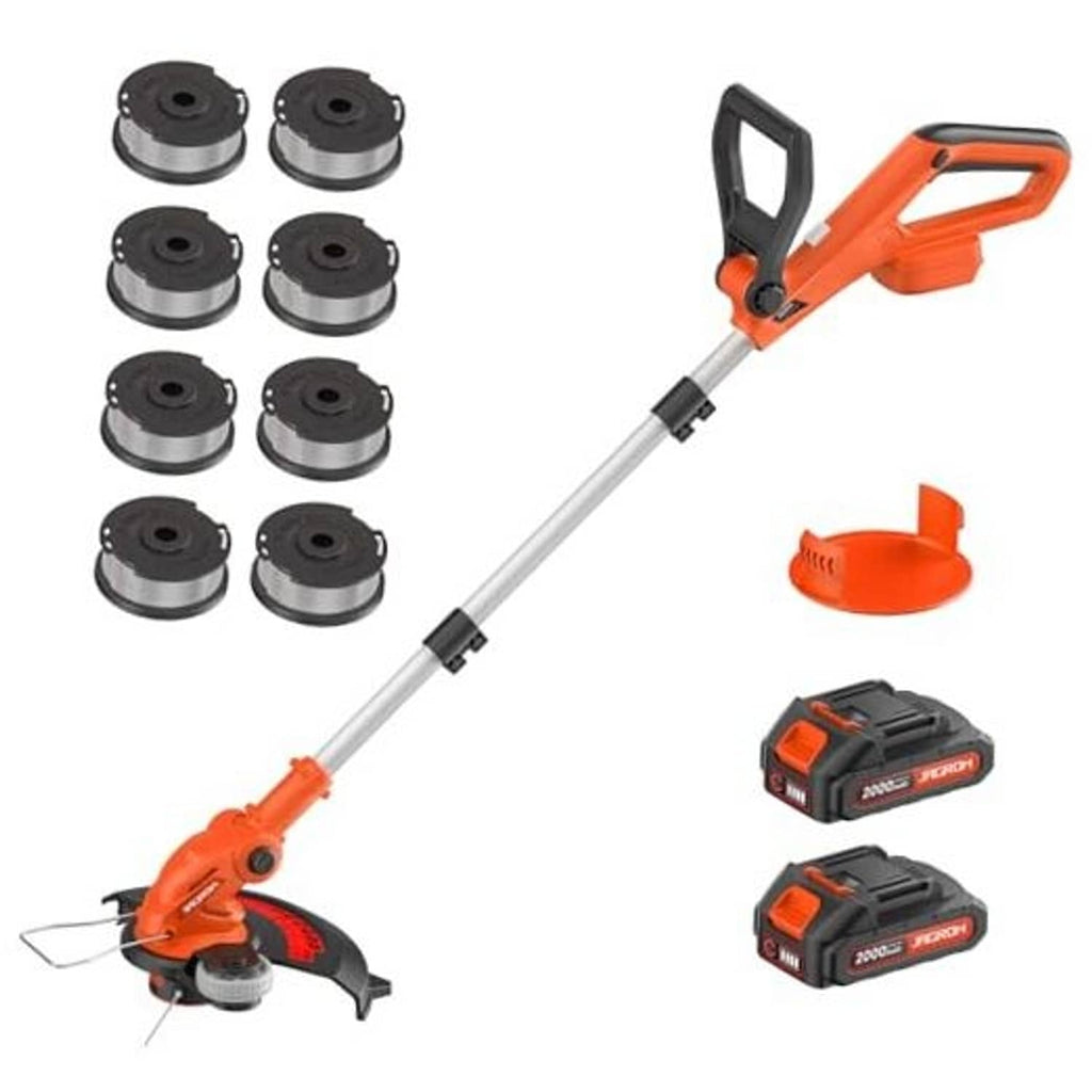 Orange cordless string trimmer kit with 8 spare line spools and two batteries