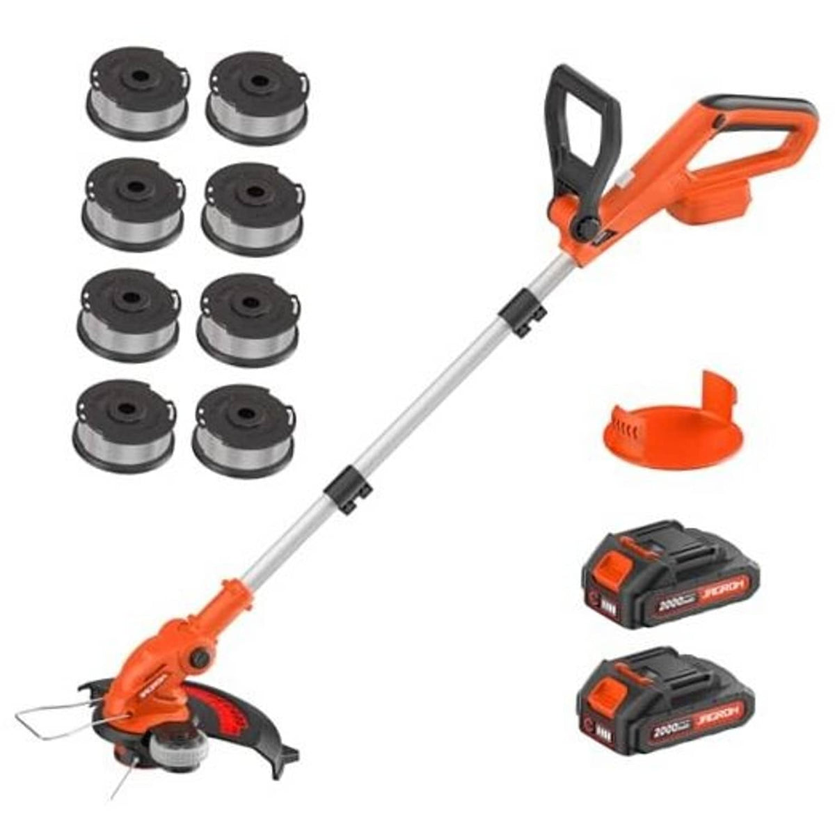 Orange cordless string trimmer kit with 8 spare line spools and two batteries