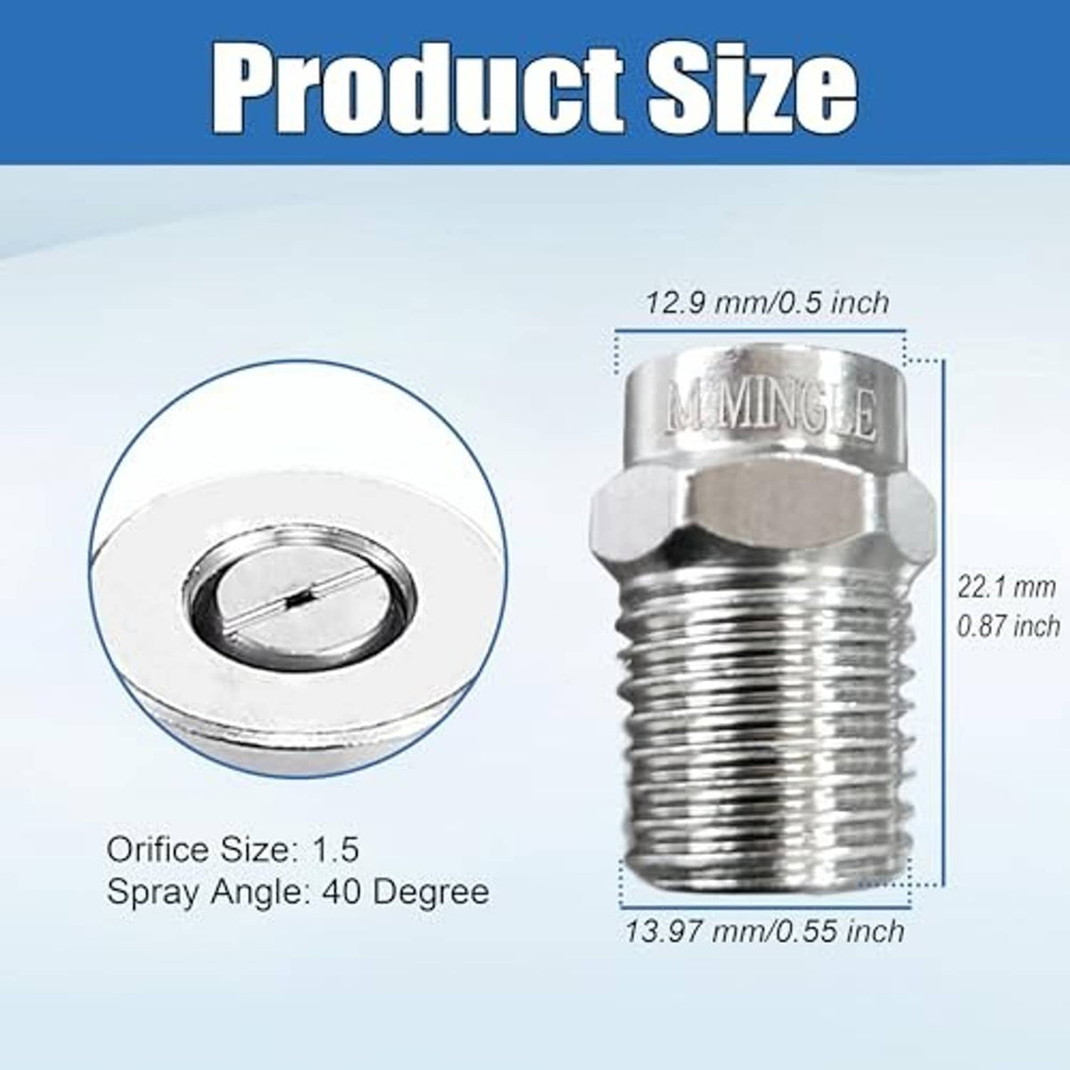 Threaded pressure washer nozzle tip with hex head and size diagram, silver