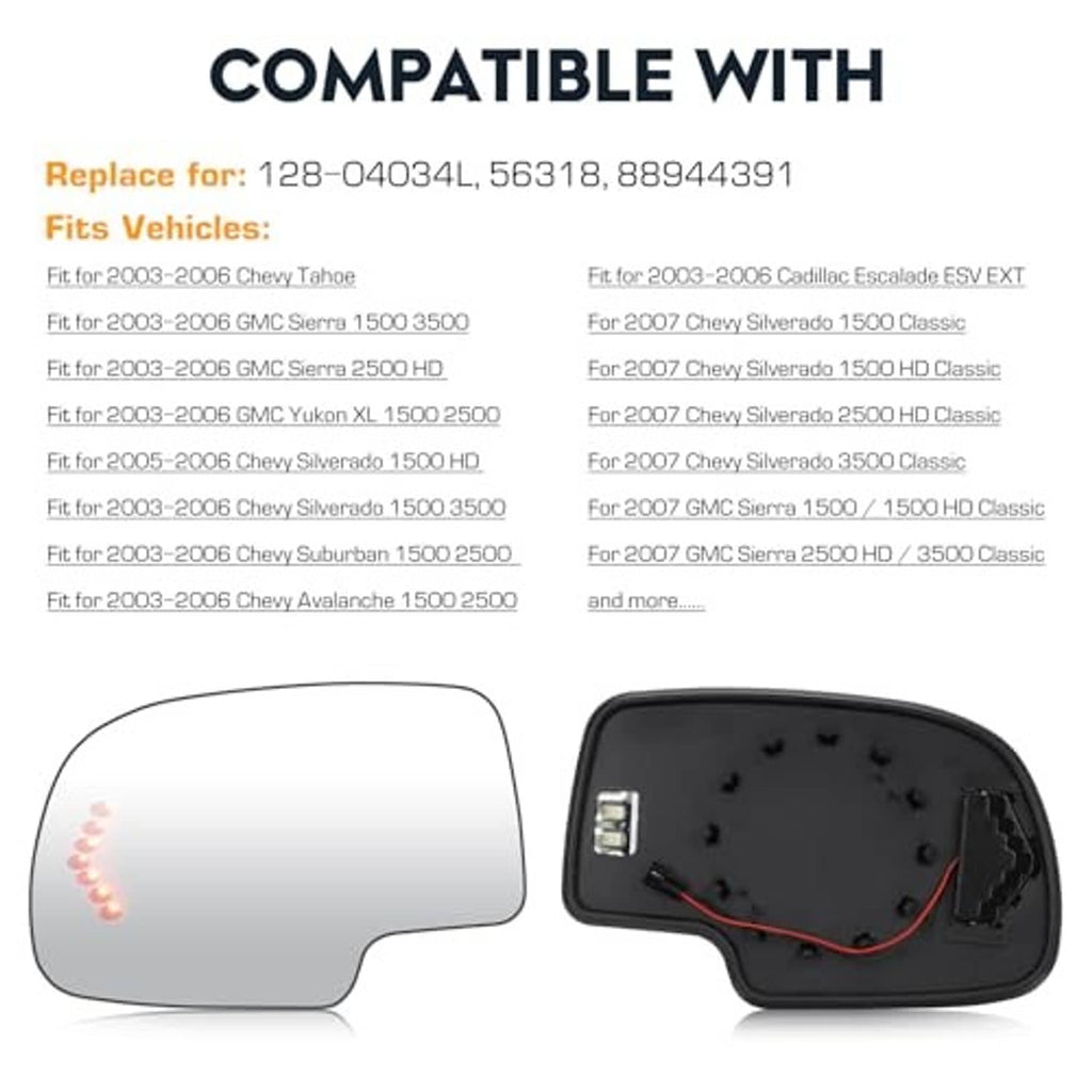 Heated left mirror glass with LED arrow insert, paired with rear backing
