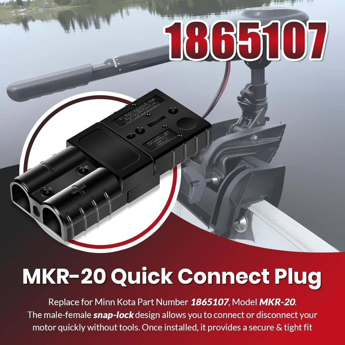 Black quick connect plug mounted on motor with red and black cable leads