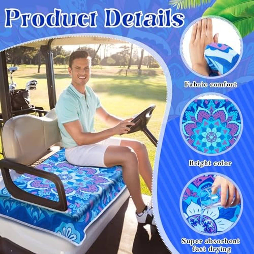 Golf cart seat cover with bright blue floral mandala print on a fitted seat cushion