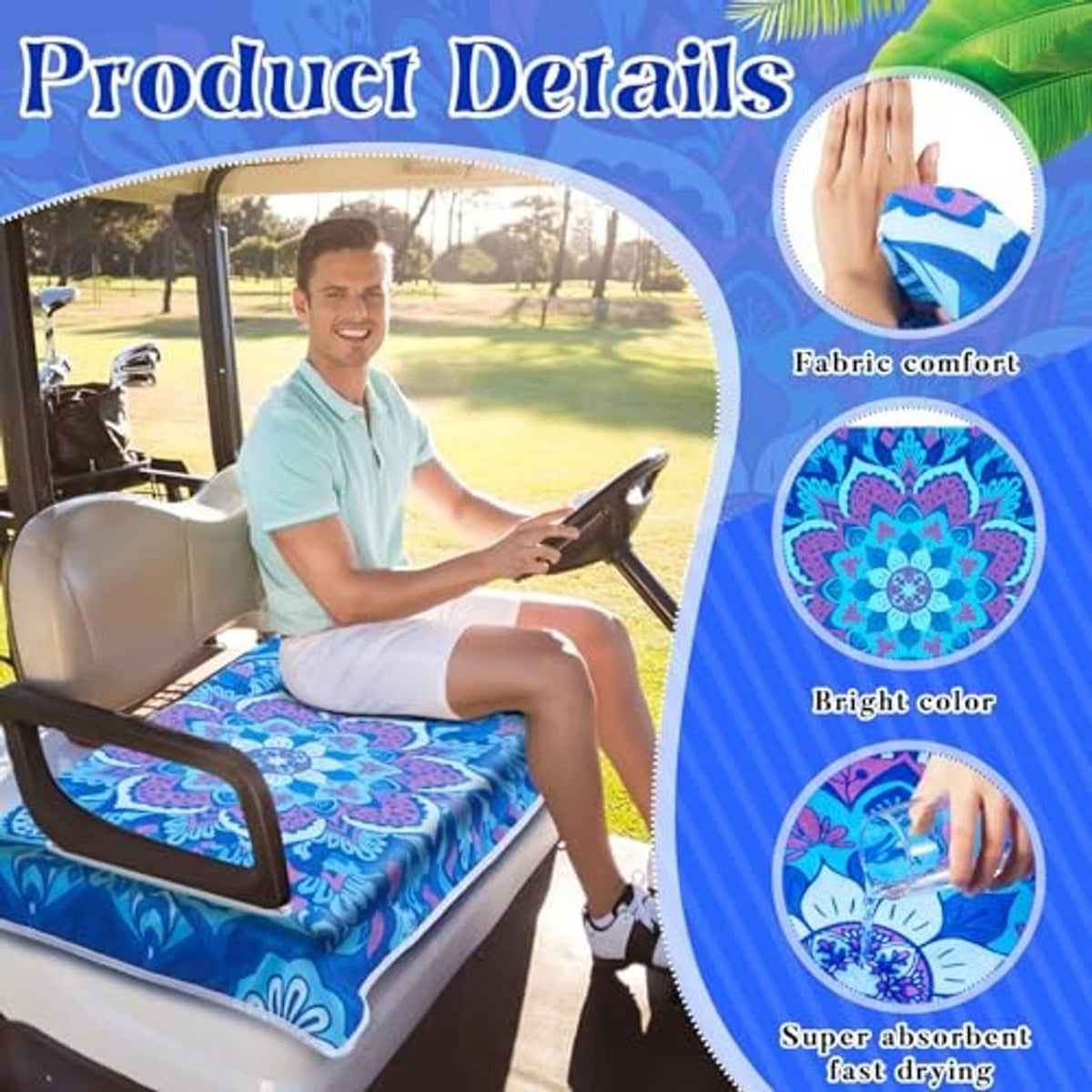 Golf cart seat cover with bright blue floral mandala print on a fitted seat cushion