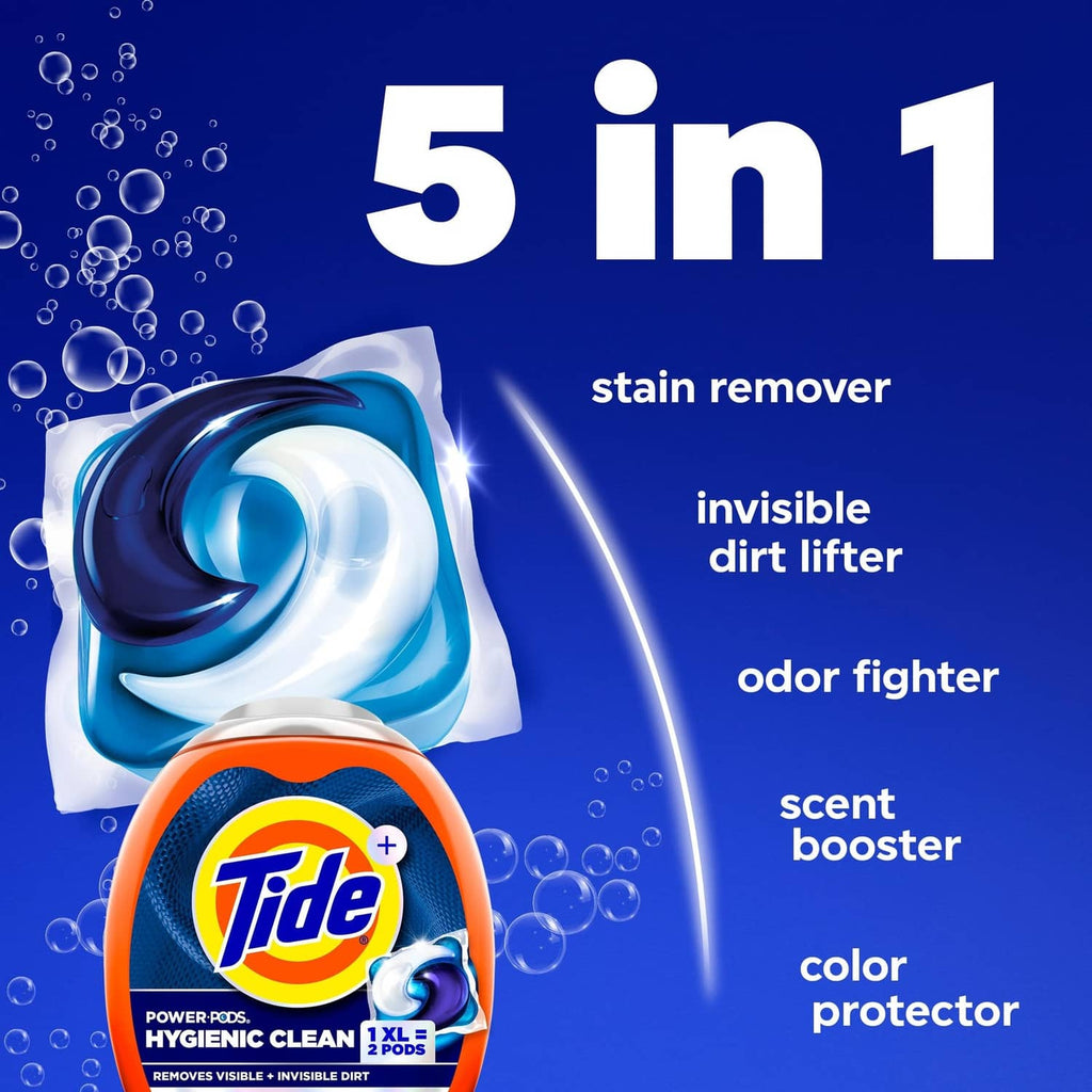 Tide detergent POD pack with blue swirl, 5 in 1 stain remover benefits