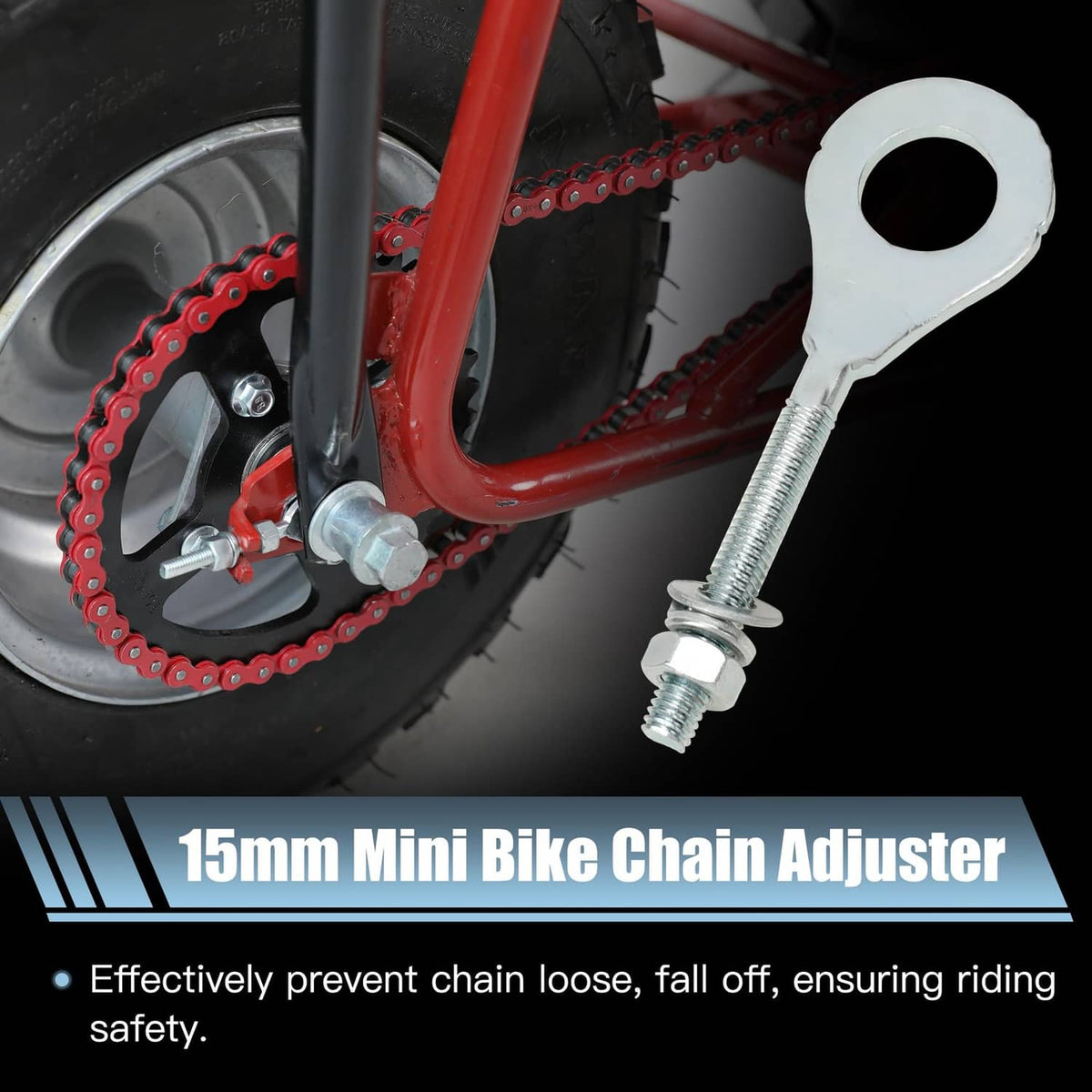 Red 420 chain on mini bike rear wheel with 15mm chain adjuster tool bolt