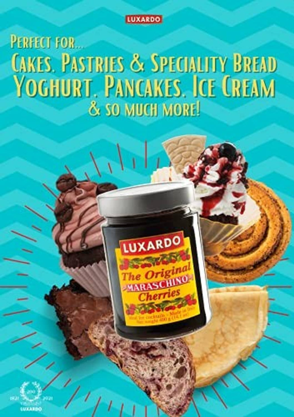 Luxardo maraschino cherries jar on pastries and sliced bread, label facing forward.
