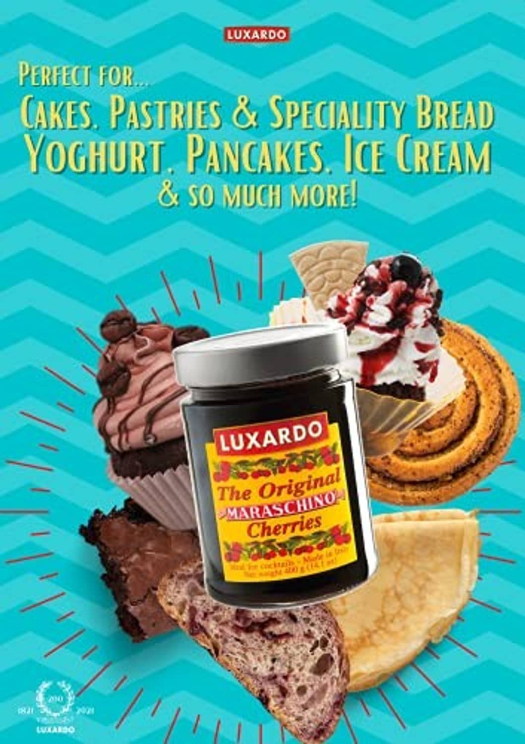 Luxardo maraschino cherries jar on pastries and sliced bread, label facing forward.