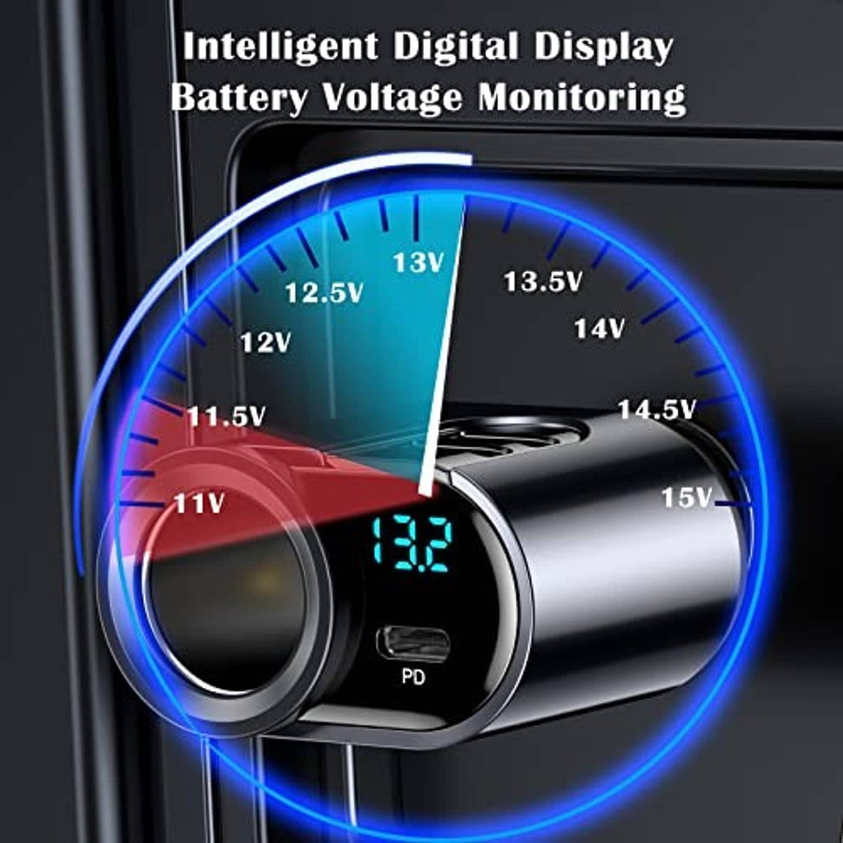 Silver car charger with digital voltage monitor, blue LED ring, circular socket, 3 ports