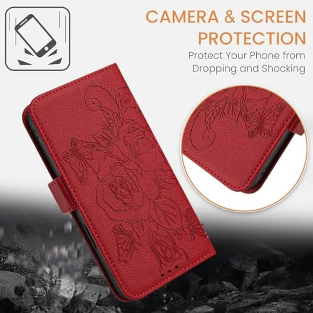 Red embossed floral phone wallet case with camera and screen protection