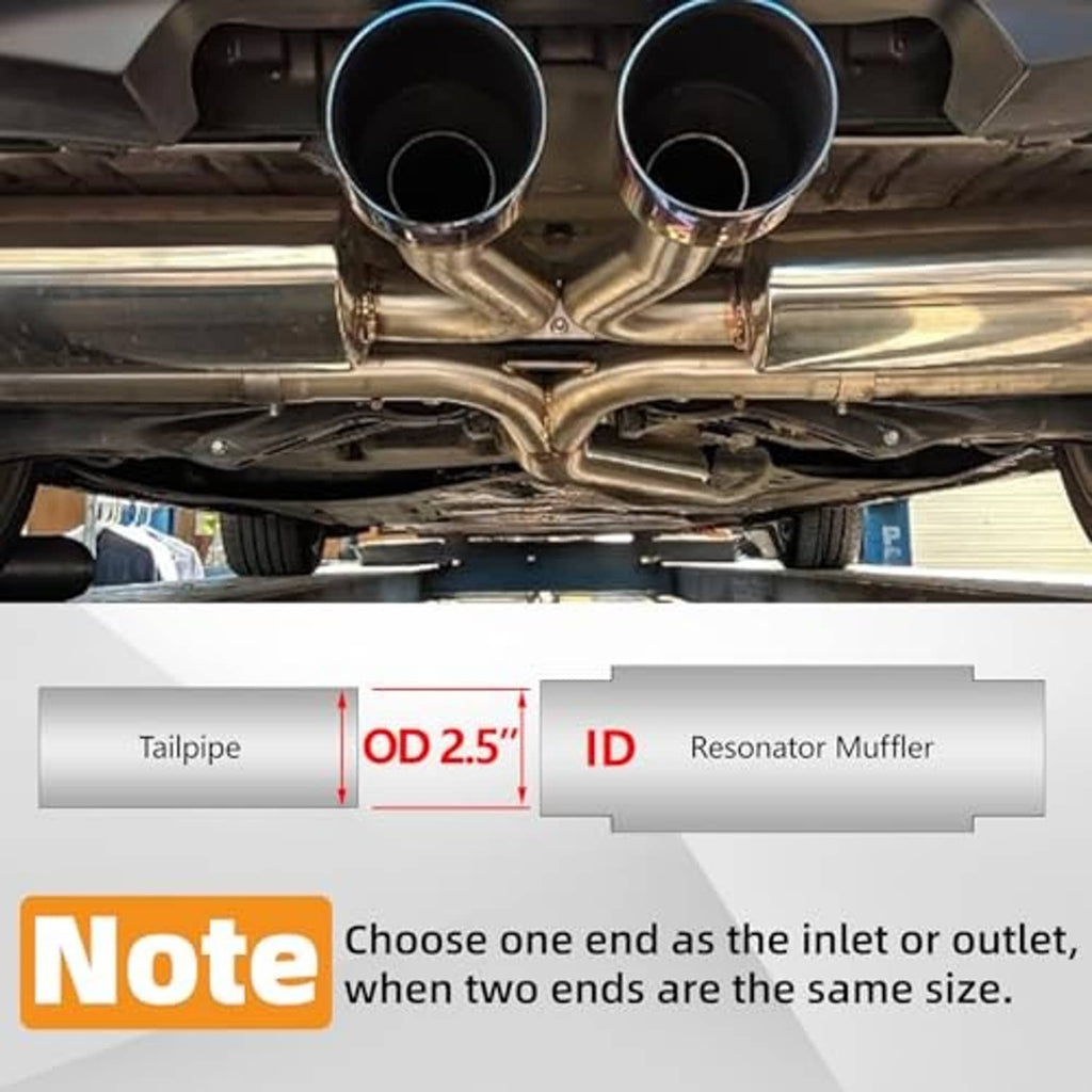 Exhaust resonator muffler installed undercarriage with 2.5-inch resonator note and tailpipe lines.