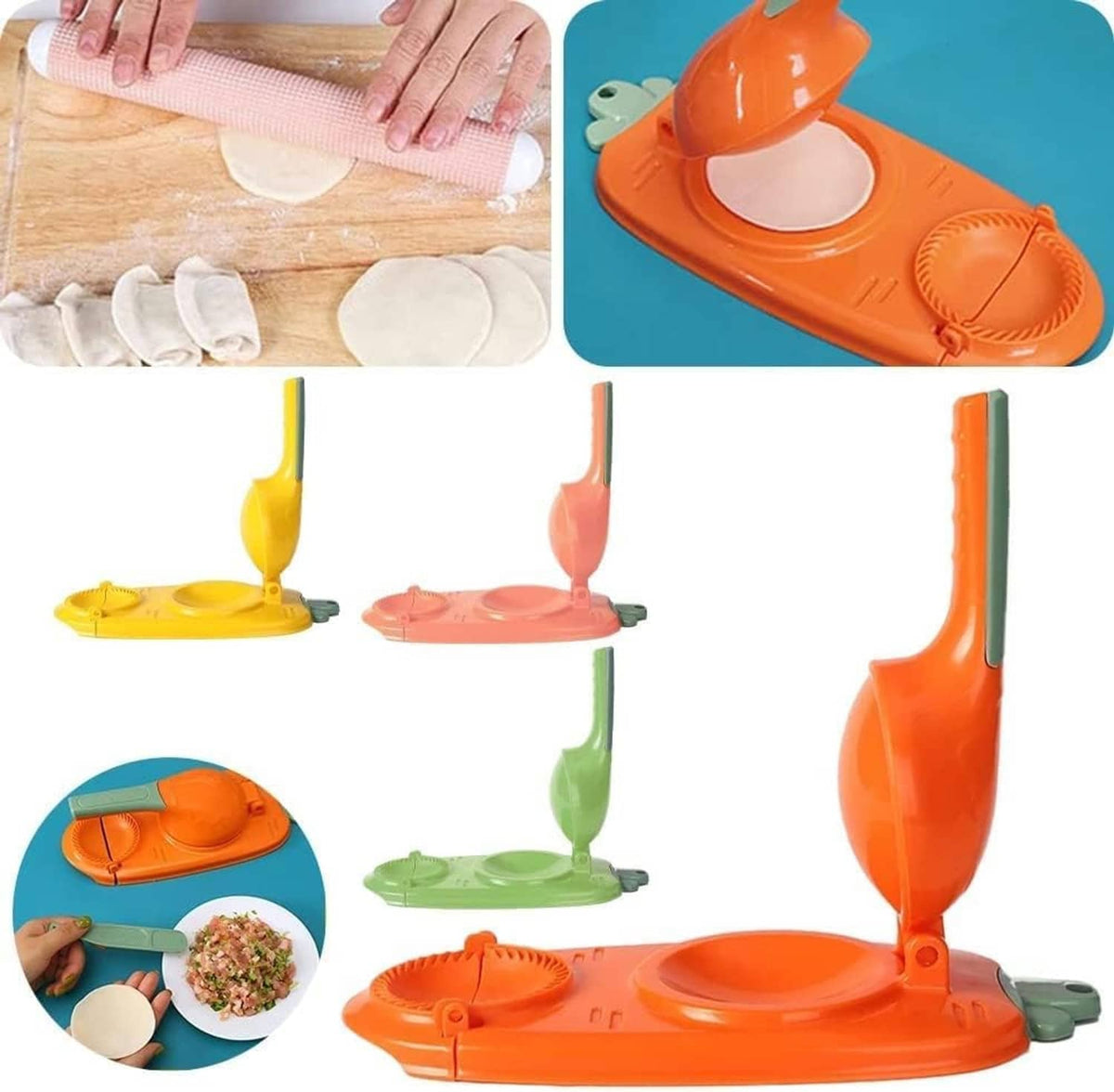 Orange dumpling maker press mold showing molded dumpling shapes and dough prep