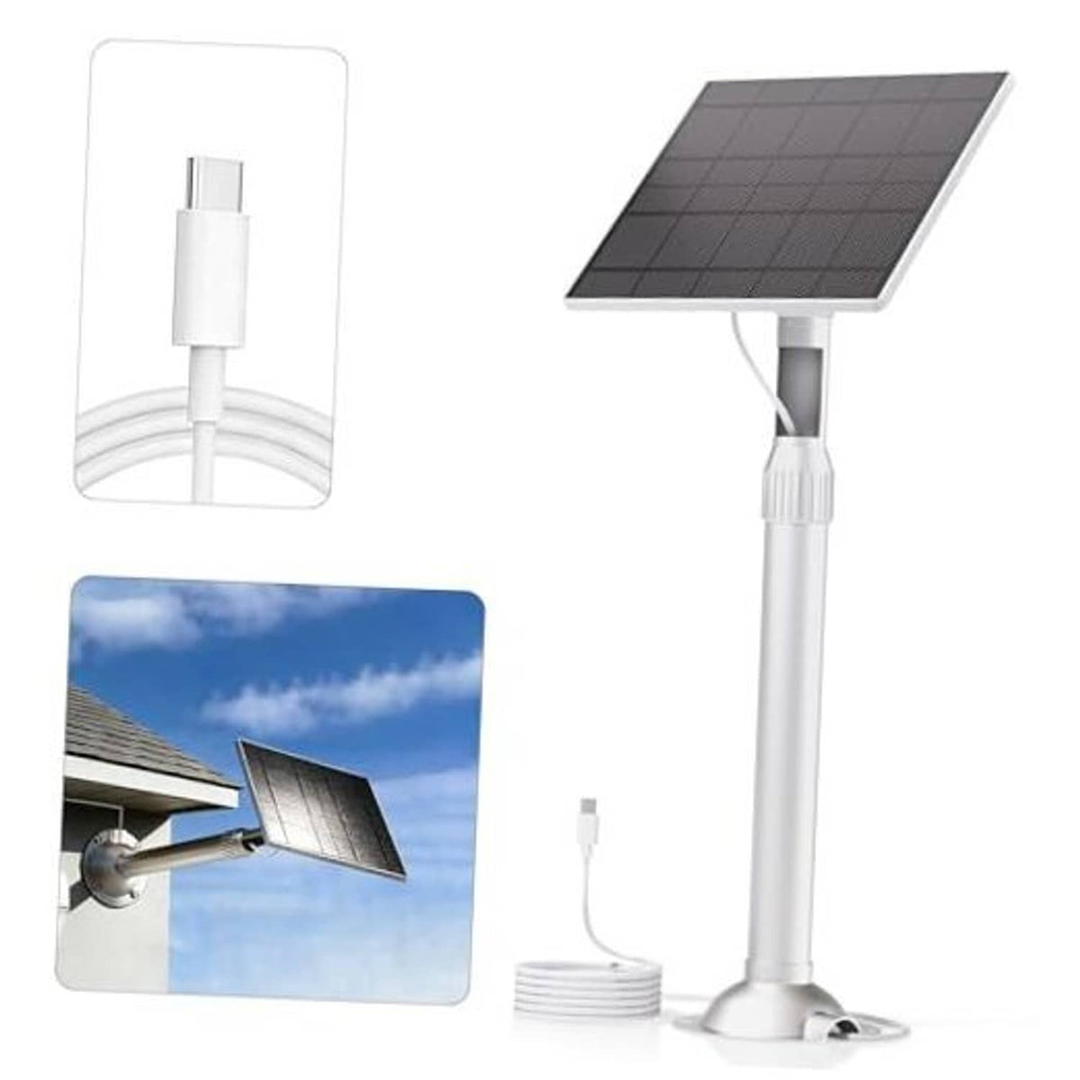 White telescopic solar panel for outdoor security camera with mounting base and cable.