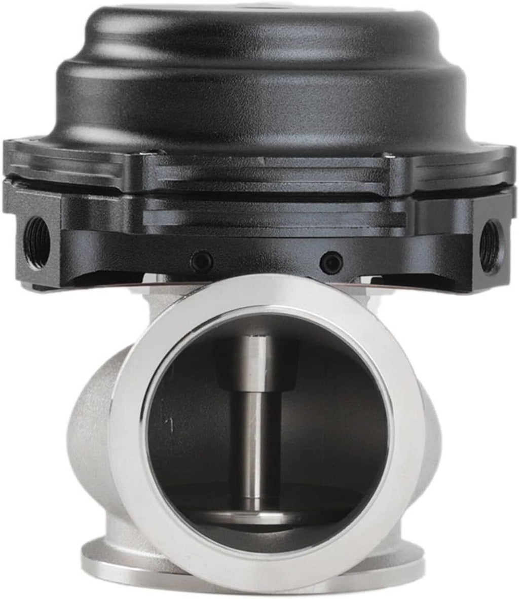 Close-up of external turbo wastegate valve opening with black top housing and silver flange
